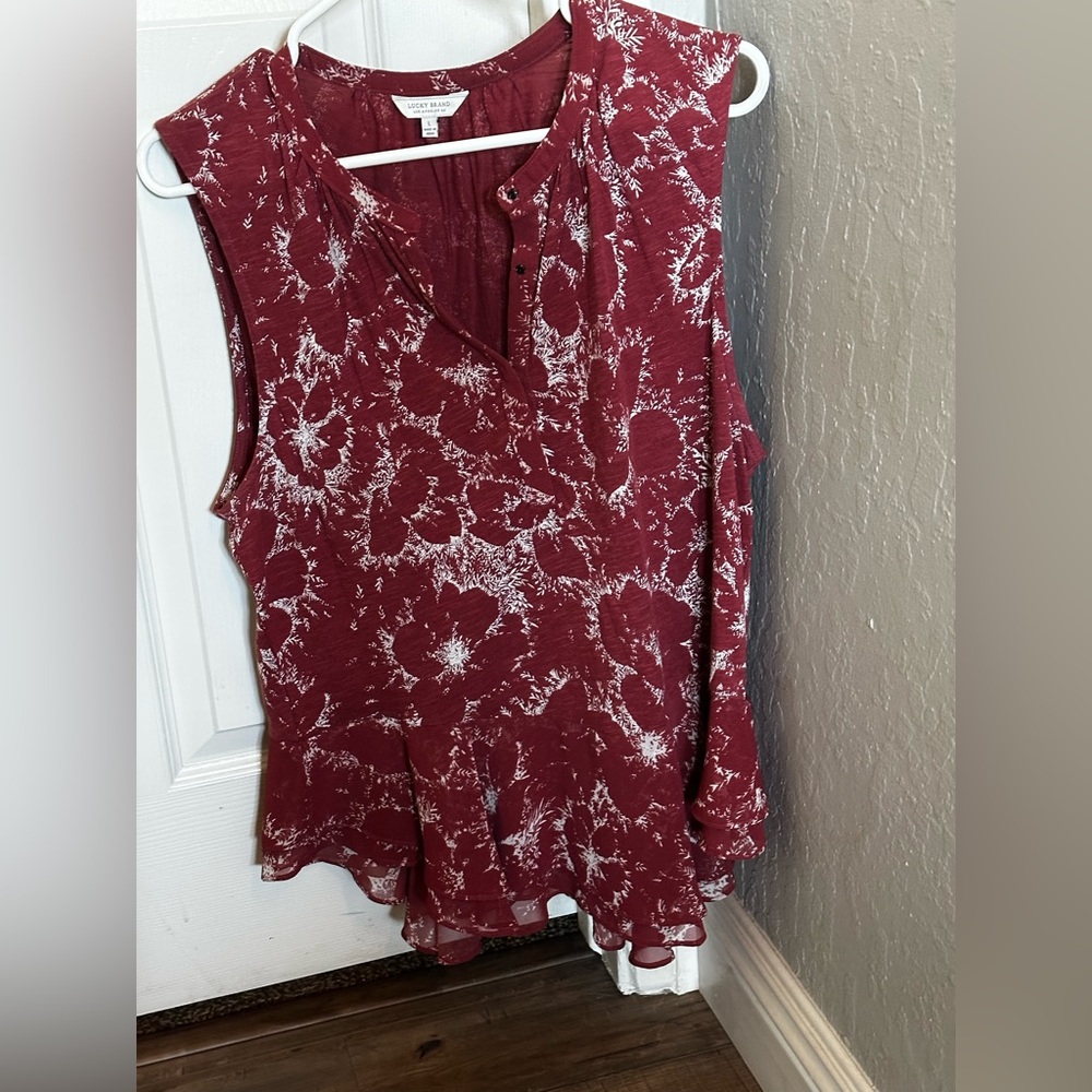 Lucky Brand Dusty Red and White Ruffled Blouse
